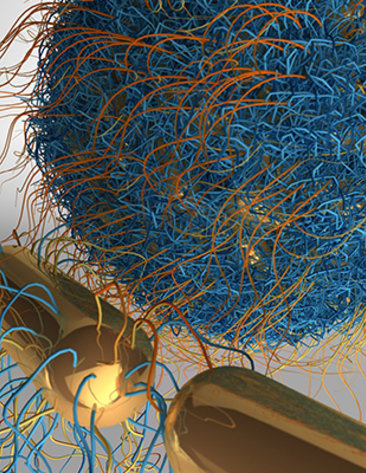 science image of blue and gold threads tangled into a ball on top of two gold rods