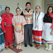NIH Native Scholars Celebrate 2016 Native American Heritage Month: Serving Our Nations. Shown are (from l) Dr. Tamara James, Choctaw Nation (former fellow in the NIDCR Office of Science Policy and Analysis); Tierra Robinson-Morgan, Piscataway Conoy (ORF post-baccalaureate fellow); Loretta Grey Cloud, Kul Wicasa Lakota and Hunkpati Dakota Nations (NIDCR post-baccalaureate fellow); Alec Calac, Pauma Band of Luiseno Indians (NINDS post-baccalaureate fellow); Dr. Teresa Brockie, A’aninin White Clay Nation (Clinical Center research nurse specialist); Geanna Capitan, Pueblo of Laguna and Navajo (NINDS post-baccalaureate fellow) and Dr. Rita Devine, NINDS assistant director for science administration. PHOTO: ERNIE BRANSON