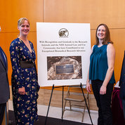 At the NIH Animal Care and Use Program’s 3rd annual celebration and reflection ceremony were (from l) Dr. Stephen Denny, acting director, Office of Animal Care and Use; Dr. Heather Narver, clinical veterinarian, NINDS; Dr. Christin Davidson, postdoctoral fellow, NCATS; and Dr. Richard Wyatt, deputy director, Office of Intramural Research. PHOTO: MARLEEN VAN DEN NESTE