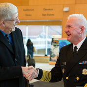 Collins greets Giroir at the Clinical Center. Giroir also gave the keynote talk at an NIH workshop on cell-based immunotherapy on the same day as the groundbreaking for the new NIH center. PHOTO: DANIEL SONE