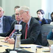 Collins (c) chats with Droegemeier. At the table are (from l) NIDDK director Dr. Griffin Rodgers, NIAID director Dr. Anthony Fauci, Tabak, Wolinetz and NLM director Dr. Patricia Brennan. PHOTO: CHIA-CHI CHARLIE CHANG