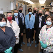 In the Patient-Derived Models Laboratory of Hollingshead, chief of the Biological Testing Branch of the Developmental Therapeutics Program in NCI’s Division of Cancer Treatment and Diagnosis are (from l) Bonomi, Hollingshead, Becerra, Trone, Stanford, Van Hollen, Cardin, Lowy and Kelly Dougherty. PHOTO: CHIA-CHI CHARLIE CHANG