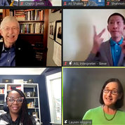A screenshot shows a smiling Dr. Francis Collins in his home office, OD's Darla Harris in her home and OD's Lauren Higgins along with other NIH'ers listening in.
