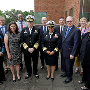 The HHS delegation takes a photo with several NIH leaders on a CC terrace. Shown are (from l) principal deputy ASH Elisabeth Handley, NINDS director Dr. Walter Koroshetz, NICHD deputy director Dr. Alison Cernich, NHLBI director Dr. Gary Gibbons, Levine, Gilman, Hinton, NEI director Dr. Michael Chiang, Tabak, ASH chief of staff Sarah Boateng and NINR director Dr. Shannon Zenk. PHOTO: CHIA-CHI CHARLIE CHANG