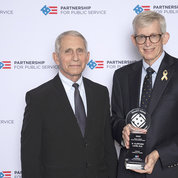 NIAID director Dr. Anthony Fauci, Sammies Federal Employee of the Year in 2020, congratulates Dr. H. Clifford Lane for receiving the organization’s 2022 Paul A. Volcker Career Achievement Medal. The presentation ceremony and reception were held at the Kennedy Center. PHOTO: JOSHUA ROBERTS/PARTNERSHIP FOR PUBLIC SERVICE