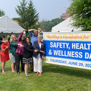 A star-studded leadership team launches the 2023 Safety, Health and Wellness Day at NIH. Shown are (from l) Derek Newcomer, deputy director, DOHS; Dr. Maryland Pao, clinical director, NIMH; Dr. Susan Amara, scientific director, NIMH; Dr. Jessica McCormick-Ell, director, DOHS;  Angela Luz Rosas, NIMH safety officer; Roxy Grossnickle, event chair; and Ann Huston, executive officer, NIMH. PHOTO: MARLEEN VAN DEN NESTE