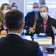 At the conference table, NIH Deputy Director for Intramural Research Dr. Nina Schor addresses the delegation. PHOTO: Daniel Soñé
