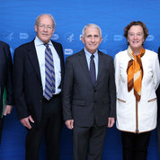 At the farewell event are (from l) NIH Acting Chief of Staff John Burklow, NIAID Acting Director Dr. Hugh Auchincloss, Fauci and wife Dr. Christine Grady, and NIAID Clinical Director Dr. Cliff Lane. PHOTO: CHIA-CHI CHARLIE CHANG