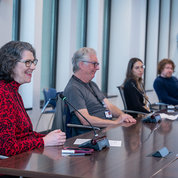 At the most recent “Gratitude Tour” stop, DRS Director Cathy Ribaudo (l) and Joe Cross (second from l) of the Materials Control and Analysis Branch enjoy kudos from NIH leadership. PHOTO: LESLIE KOSSOFF