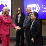 Biden (l) meets with (from l) POB Chief Dr. Brigitte Widemann; Dr. Greg Reaman, scientific director, NCI Childhood Cancer Data Initiative; and Dr. Srivandana Akshintala, POB assistant research physician. PHOTO: CHIA-CHI CHARLIE CHANG