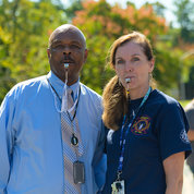 Starting whistle: Dr. Alfred Johnson, NIH deputy director for management, with ORS Director Colleen McGowan PHOTO: MARLEEN VAN DEN NESTE