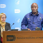 Dr. Parinaz Fathi of NIBIB and Dr. Tokunbor Lawal of NINR co-chair an Independent Research Scholars lecture session. PHOTO: MARLEEN VAN DEN NESTE