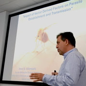 Valenzuela presents his research during a lecture at the Liverpool School of Tropical Medicine in the United Kingdom.