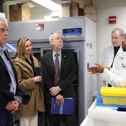 On a tour of NIH, former Virginia Governor Terry McAuliffe (l) chats with (from l) Cristina Kapustij, chief of NHGRI’s Policy and Program Analysis Branch; NHGRI Director Dr. Eric Green; and Zebrafish Core biologists Blake Carrington and Kevin Bishop. “The zebrafish model is poised to be a pivotal tool in advancing human health as science marches toward the achievable goal of personalized precision medicine,” Bishop said on the tour. “As we move research forward, the use of different animal models will only enrich the quality and longevity of human health.” PHOTO: CHIA-CHI CHARLIE CHANG

